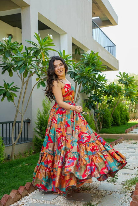 Heavy Rayon Multicolor Festival Wear Printed Readymade Gown