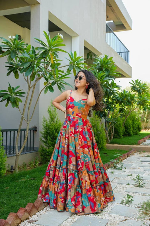 Heavy Rayon Multicolor Festival Wear Printed Readymade Gown