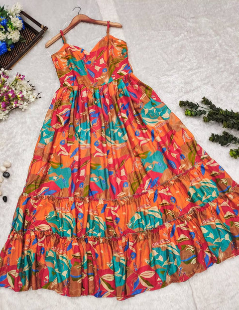 Heavy Rayon Multicolor Festival Wear Printed Readymade Gown