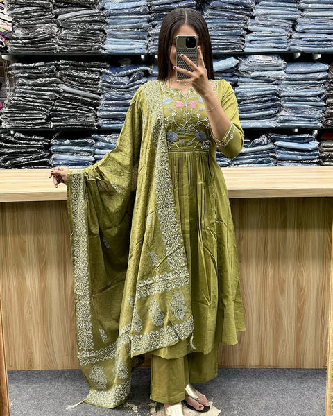 Rayon Slub Embroidered Straight Kurti with Rayon Pant & Organza dupatta