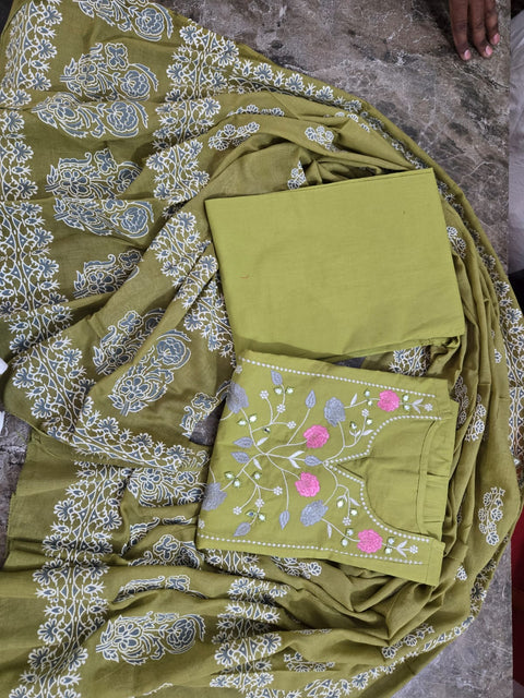 Rayon Slub Embroidered Straight Kurti with Rayon Pant & Organza dupatta