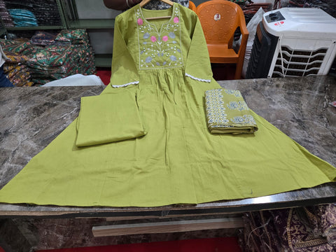 Rayon Slub Embroidered Straight Kurti with Rayon Pant & Organza dupatta