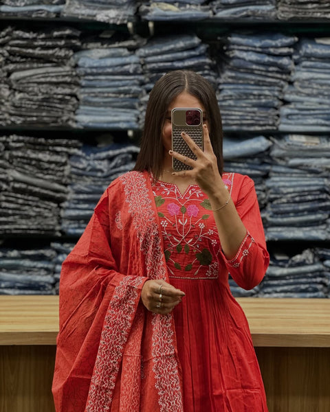 Rayon Slub Embroidered Straight Kurti with Rayon Pant & Organza dupatta