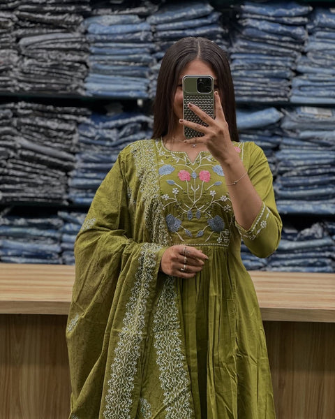 Rayon Slub Embroidered Straight Kurti with Rayon Pant & Organza dupatta
