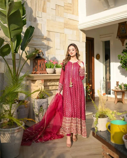 Embroidery Georgette Anarkali Gown With Dupatta