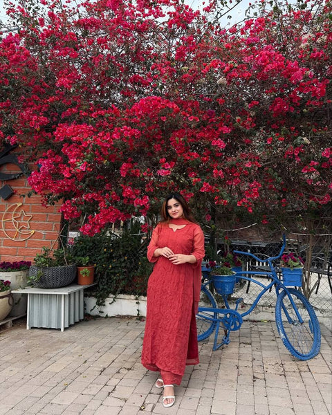 Lucknowi Chikankari Work Georgette Kurti Pant suit With Dupatta