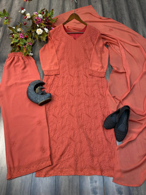 Lucknowi Chikankari Work Georgette Kurti Pant suit With Dupatta