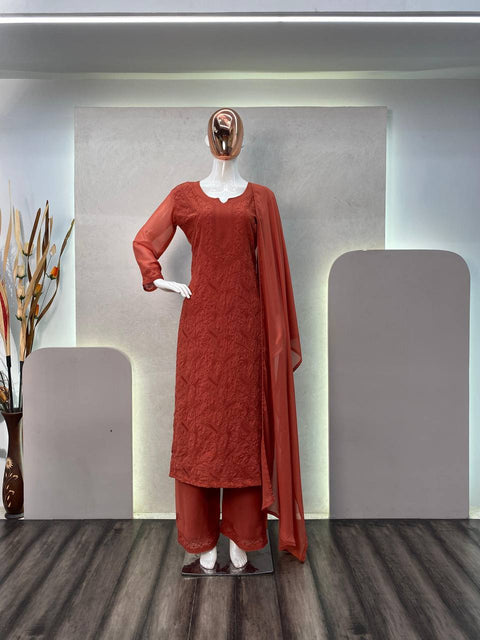 Lucknowi Chikankari Work Georgette Kurti Pant suit With Dupatta