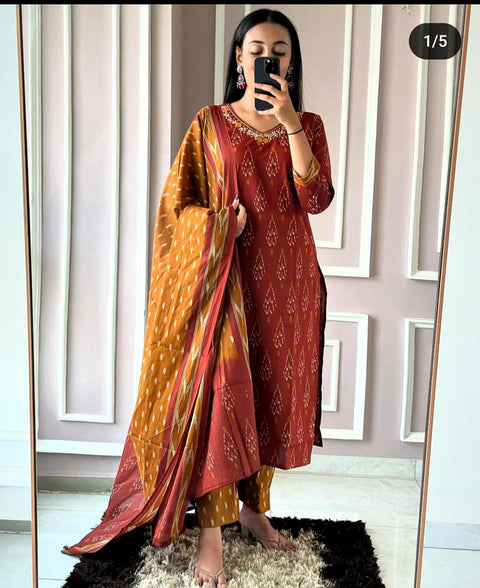 Viscose Women Straight Printed Kurti Pant With Dupatta