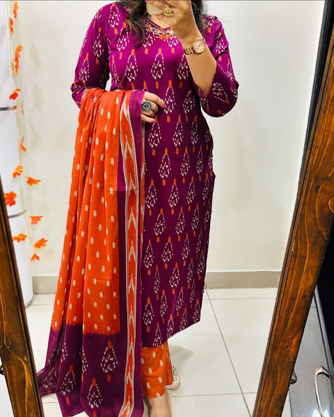 Viscose Women Straight Printed Kurti Pant With Dupatta