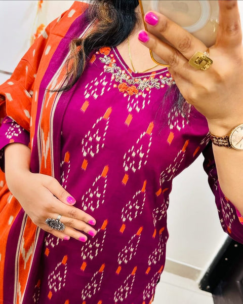 Viscose Women Straight Printed Kurti Pant With Dupatta