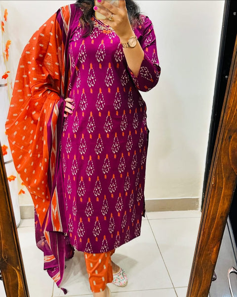 Viscose Women Straight Printed Kurti Pant With Dupatta