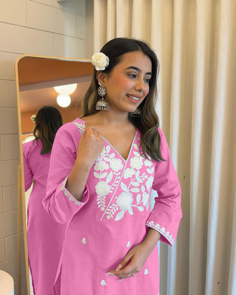 Beautiful Chikankari Trending Cotton Suit Set Kurti and Pant