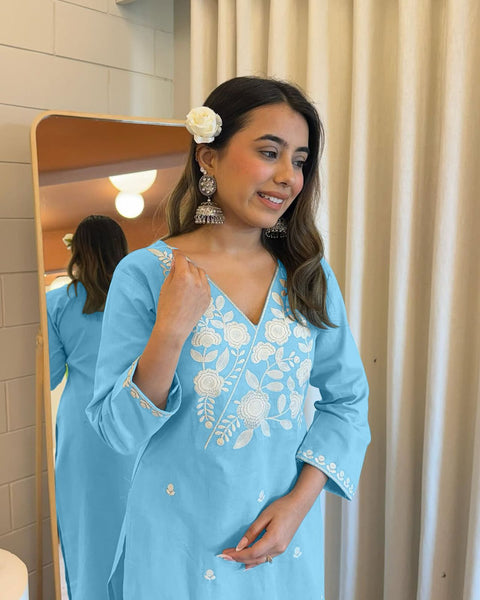 Beautiful Chikankari Trending Cotton Suit Set Kurti and Pant
