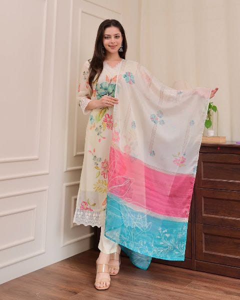 Organza Printed Straight Kurti pent with Dupatta