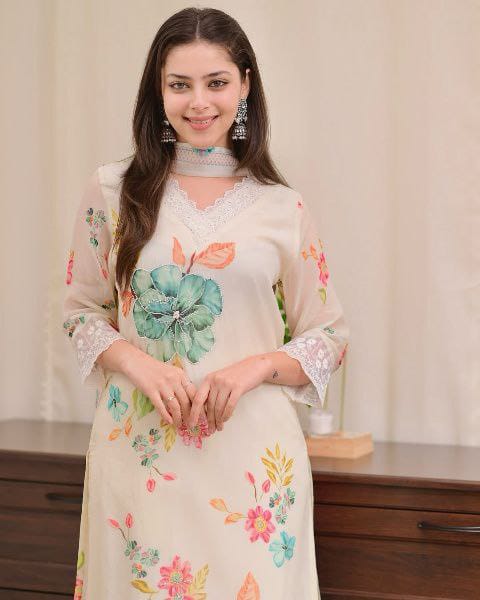 Organza Printed Straight Kurti pent with Dupatta