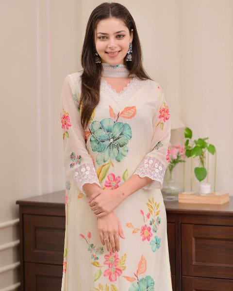 Organza Printed Straight Kurti pent with Dupatta