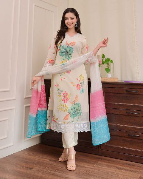 Organza Printed Straight Kurti pent with Dupatta