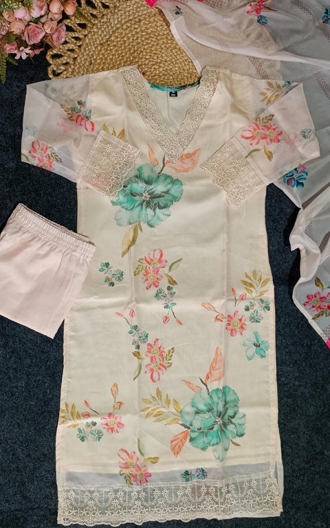 Organza Printed Straight Kurti pent with Dupatta