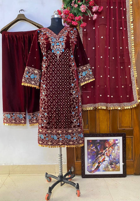 Latest Party Wear Viscose Velvet Designer Look Top-Dupatta and Fully Stiched Bottom wear