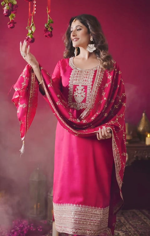 New Designer Party Wear Look Pure Chinnon Silk Stitched Suit