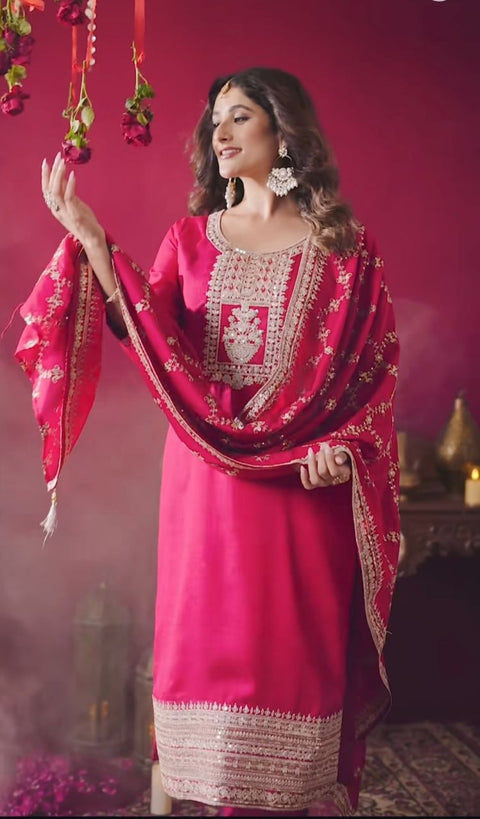 New Designer Party Wear Look Pure Chinnon Silk Stitched Suit