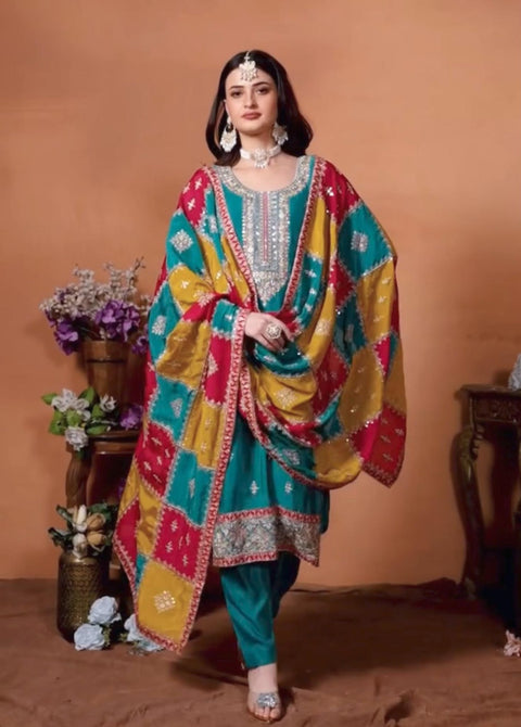 Floral Sequins Embroidered Chinon Silk Semi Stitched Salwar Suit