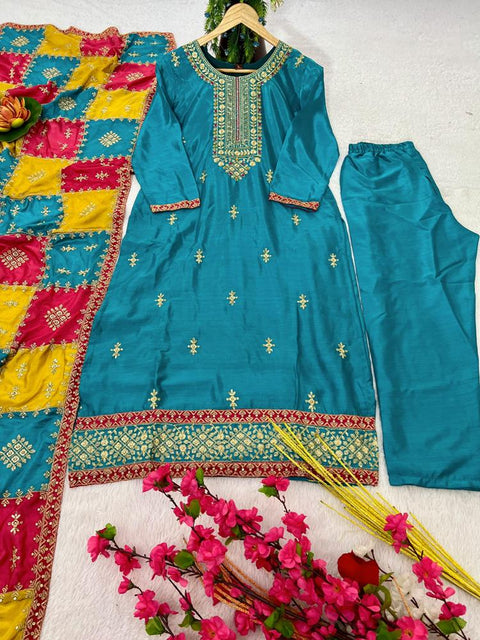 Floral Sequins Embroidered Chinon Silk Semi Stitched Salwar Suit