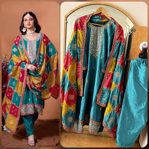 Floral Sequins Embroidered Chinon Silk Semi Stitched Salwar Suit