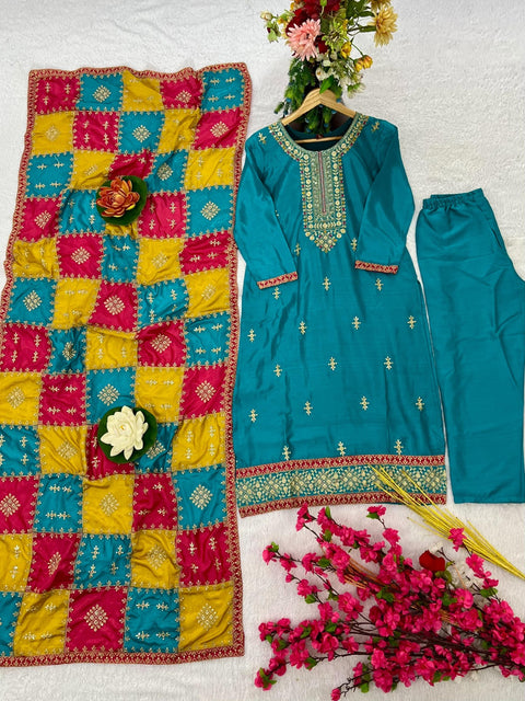 Floral Sequins Embroidered Chinon Silk Semi Stitched Salwar Suit