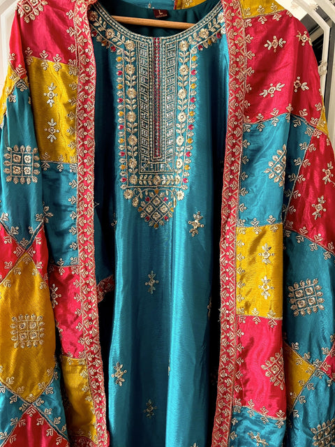 Floral Sequins Embroidered Chinon Silk Semi Stitched Salwar Suit