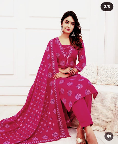 Rayon Fabric Printed Kurti Pant And Dupatta