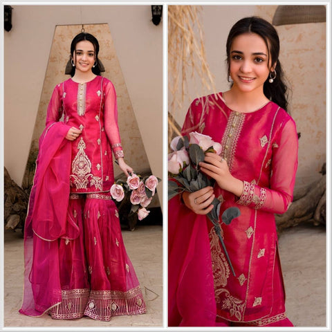 Organza Satin Sequin Embroidered Sharara Suit