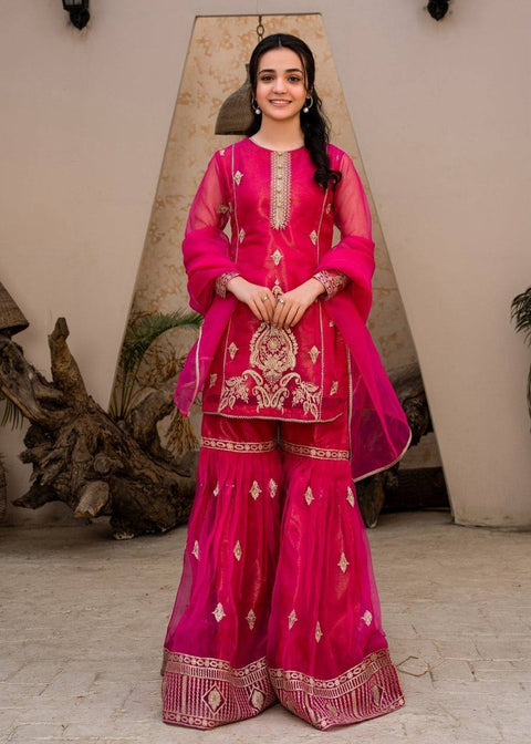 Organza Satin Sequin Embroidered Sharara Suit