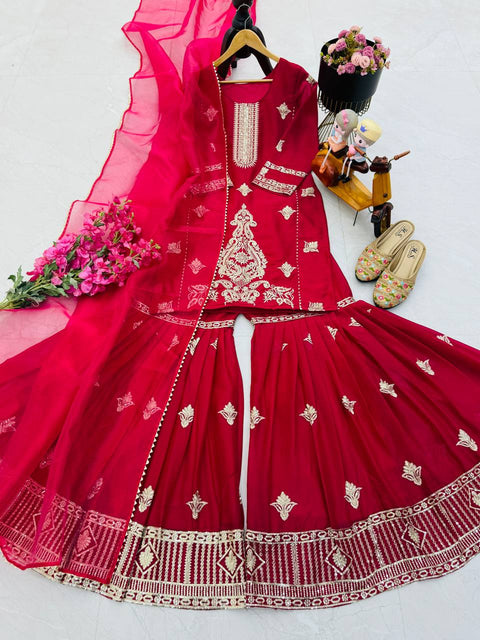 Organza Satin Sequin Embroidered Sharara Suit