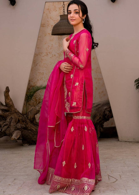 Organza Satin Sequin Embroidered Sharara Suit
