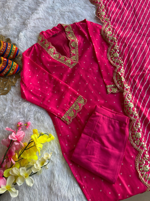 Viscose Zari Embroidery Work & Foil Printed Kurti Pant Dupatta