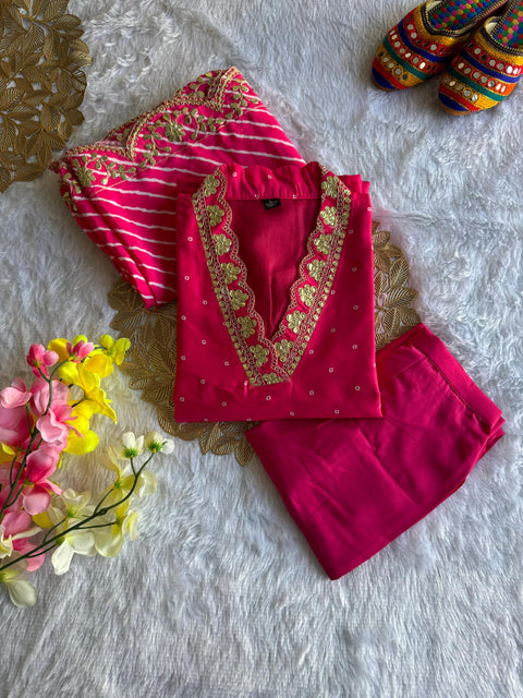 Viscose Zari Embroidery Work & Foil Printed Kurti Pant Dupatta