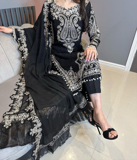 Faux Georgette fully Stitched Embroidered Straight Salwar Suit