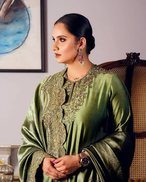 HEAVY CHINNONSILK KURTI WITH BEAUTIFUL FULLY EMBROIDERED &  HEAVY CHINNONSILK DHOTI
