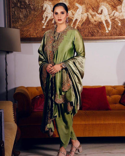 HEAVY CHINNONSILK KURTI WITH BEAUTIFUL FULLY EMBROIDERED &  HEAVY CHINNONSILK DHOTI