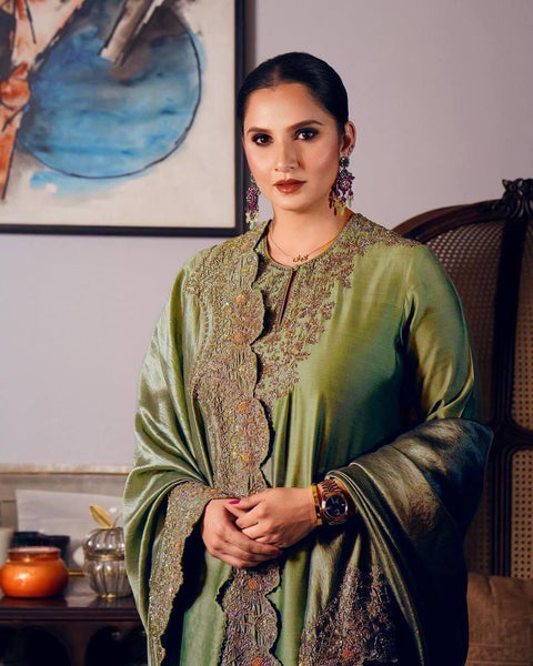 HEAVY CHINNONSILK KURTI WITH BEAUTIFUL FULLY EMBROIDERED &  HEAVY CHINNONSILK DHOTI