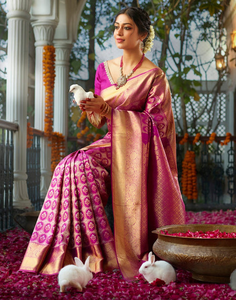 Designer elegant Magenta Floral Pure Silk Saree