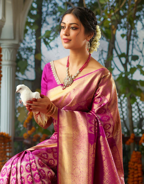 Designer elegant Magenta Floral Pure Silk Saree