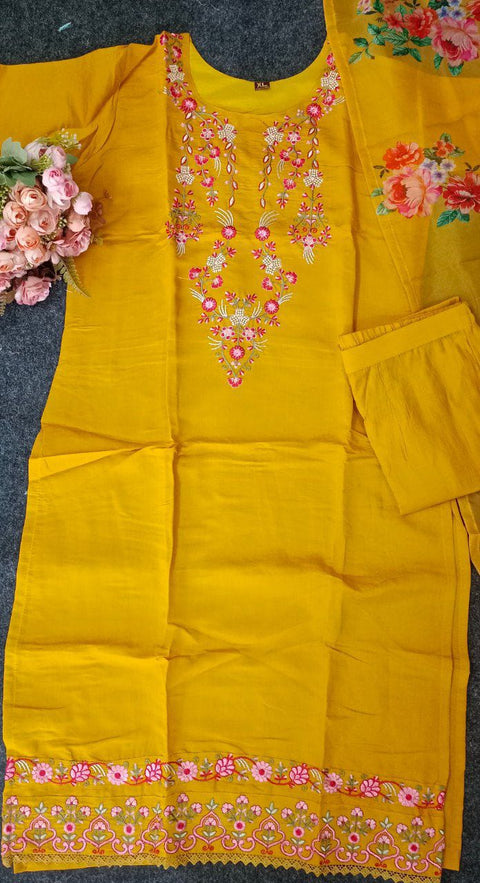 Viscose Chanderi Silk Women Embroidery Straight Kurti suit