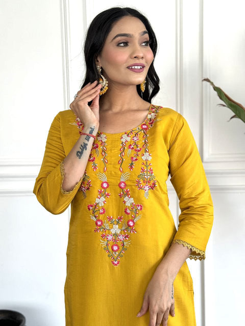 Viscose Chanderi Silk Women Embroidery Straight Kurti suit