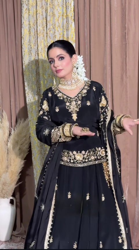 Heavy Chinon Silk With Heavy Embroidery Work with Rivet Work Dupatta