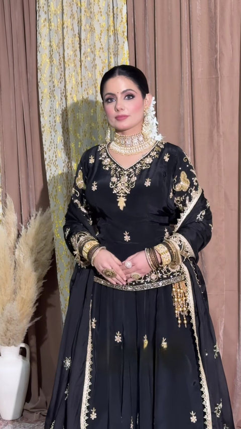 Heavy Chinon Silk With Heavy Embroidery Work with Rivet Work Dupatta