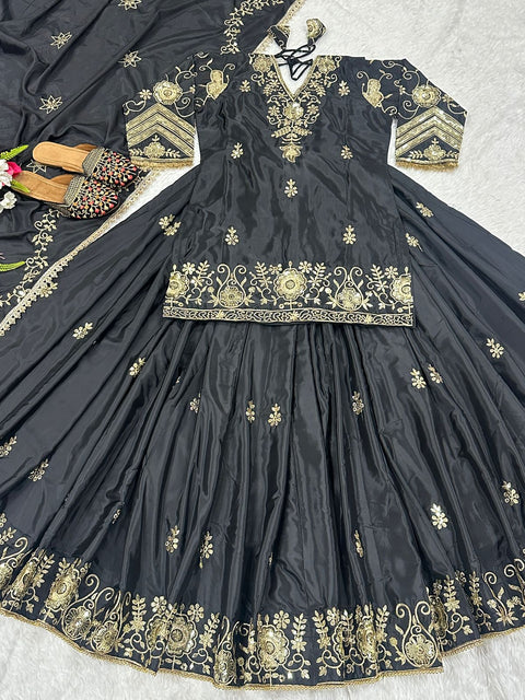 Heavy Chinon Silk With Heavy Embroidery Work with Rivet Work Dupatta