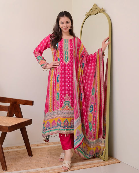 women Printed&Embroidered Kurti  Pant with Dupatta